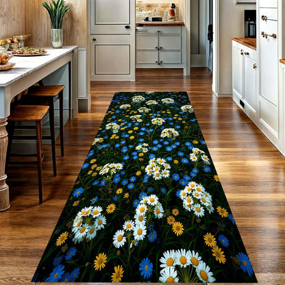 Wildflower Daisy Runner Rug: Blue Yellow Floral Meadow Hallway Carpet, Machine-Washable Non-Slip
