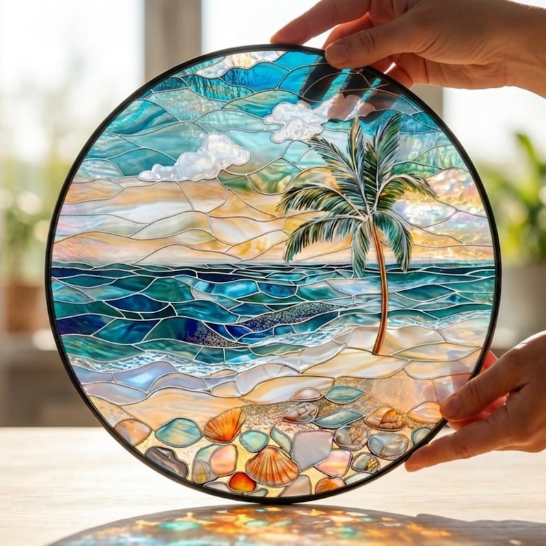 Stained Glass Ocean Waves Suncatcher, Coastal Beach Window Hanging, Ocean Glass Art, Seaside Decor, Beach Lover Gift, Coastal Home Decor