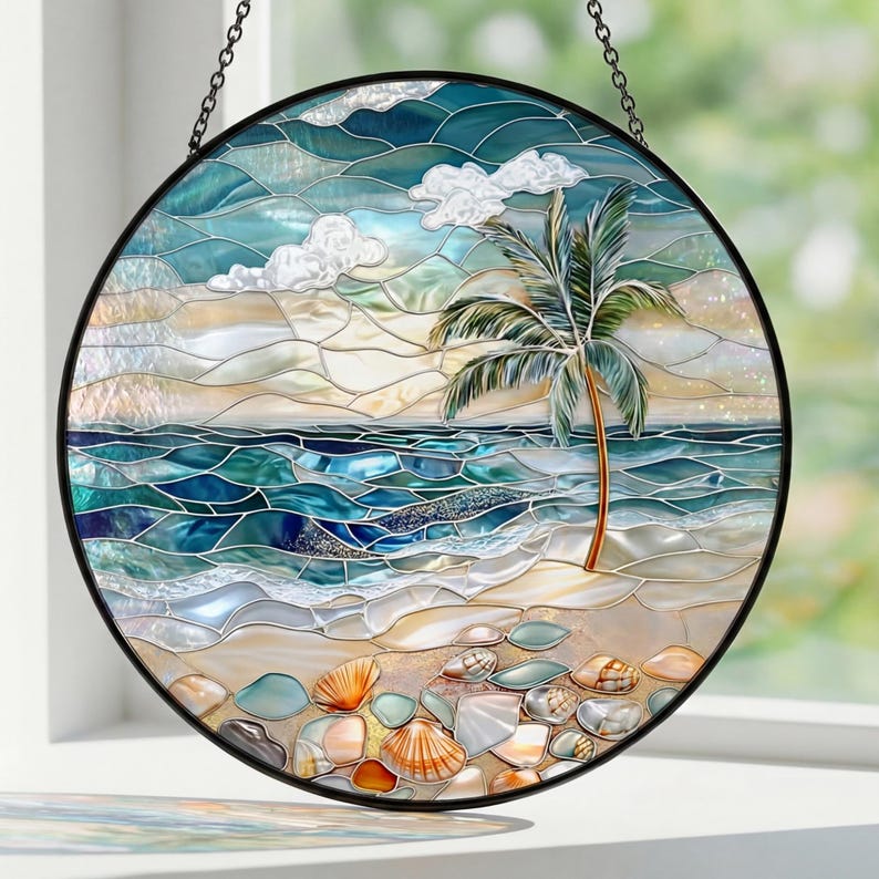 Stained Glass Ocean Waves Suncatcher, Coastal Beach Window Hanging, Ocean Glass Art, Seaside Decor, Beach Lover Gift, Coastal Home Decor