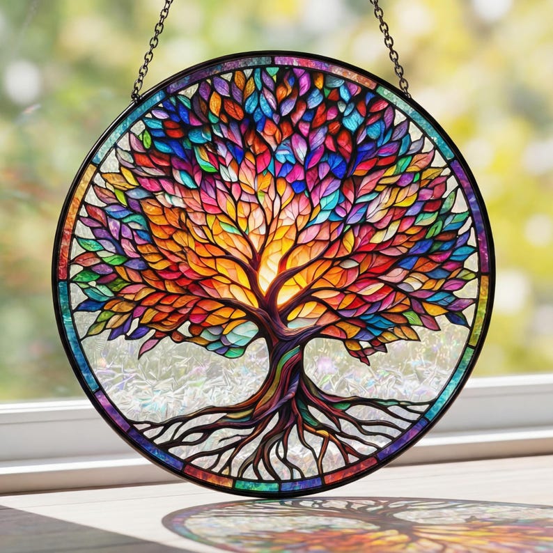 Colorful Tree of Life Suncatcher, Stained Glass Window Hanging, Rainbow Glass Art Decor, Spiritual Gift, Home Window Ornament