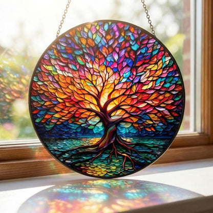 Colorful Tree of Life Suncatcher, Stained Glass Window Hanging, Rainbow Glass Art Decor, Spiritual Gift, Home Window Ornament