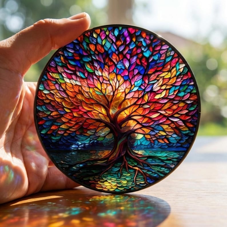 Colorful Tree of Life Suncatcher, Stained Glass Window Hanging, Rainbow Glass Art Decor, Spiritual Gift, Home Window Ornament