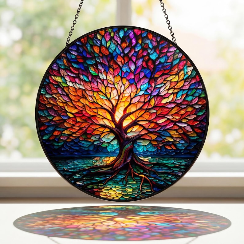 Colorful Tree of Life Suncatcher, Stained Glass Window Hanging, Rainbow Glass Art Decor, Spiritual Gift, Home Window Ornament