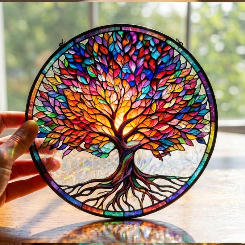 Colorful Tree of Life Suncatcher, Stained Glass Window Hanging, Rainbow Glass Art Decor, Spiritual Gift, Home Window Ornament
