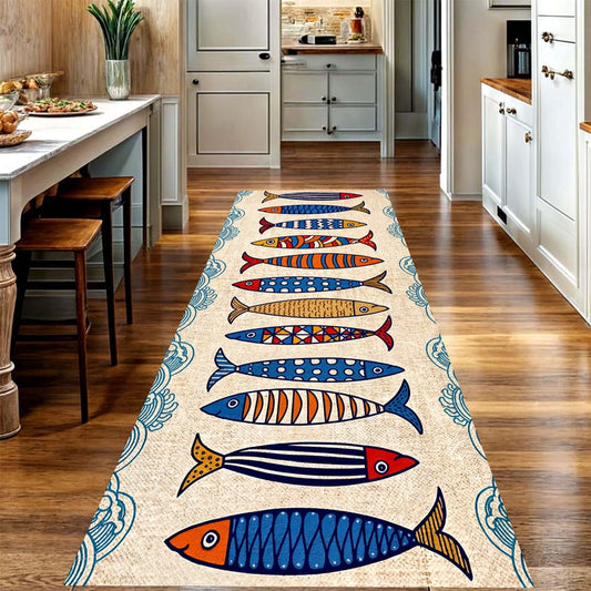 Mediterranean Fish Kitchen Runner Rug: Coastal Sardine Floor Carpet, Non-Slip Machine-Washable