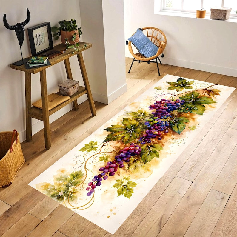 Watercolor Grape Vine Runner Rug: Vineyard Botanical Kitchen Carpet, Non-Slip Machine-Washable