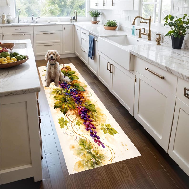 Watercolor Grape Vine Runner Rug: Vineyard Botanical Kitchen Carpet, Non-Slip Machine-Washable