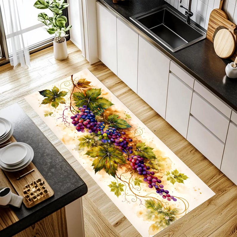 Watercolor Grape Vine Runner Rug: Vineyard Botanical Kitchen Carpet, Non-Slip Machine-Washable