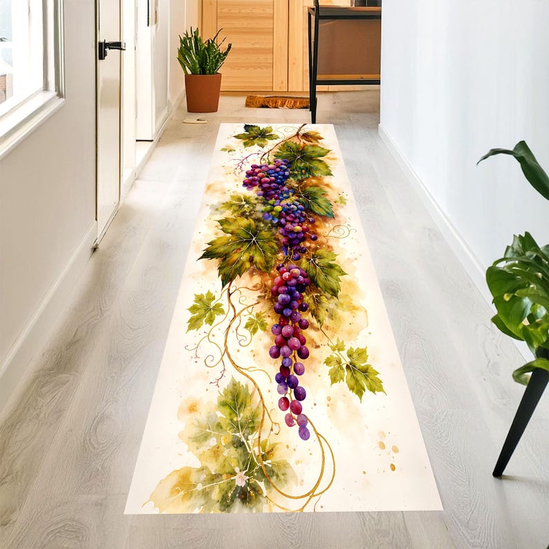 Watercolor Grape Vine Runner Rug: Vineyard Botanical Kitchen Carpet, Non-Slip Machine-Washable