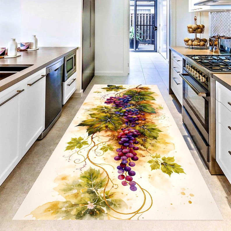Watercolor Grape Vine Runner Rug: Vineyard Botanical Kitchen Carpet, Non-Slip Machine-Washable
