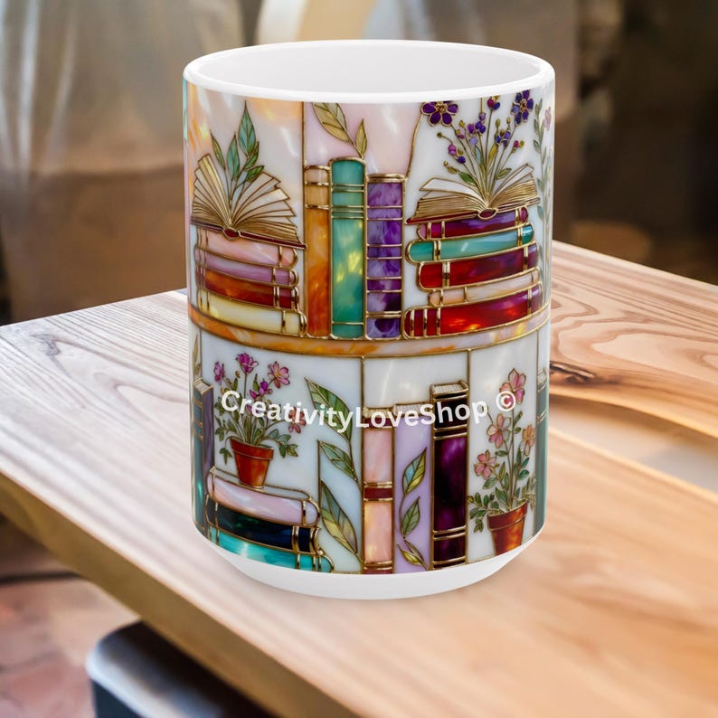 Floral Bookish Stained-Glass Style Mug, Book Lover Gift, Library Aesthetic Cup, Reading Mug