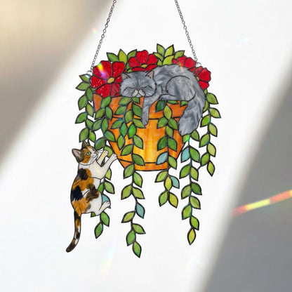 Custom Orchid Cat Suncatcher, Personalized Stained Acrylic Window Hanging, Cute Cats with Purple Flowers, Cat Lover Gift, Home Decor Art