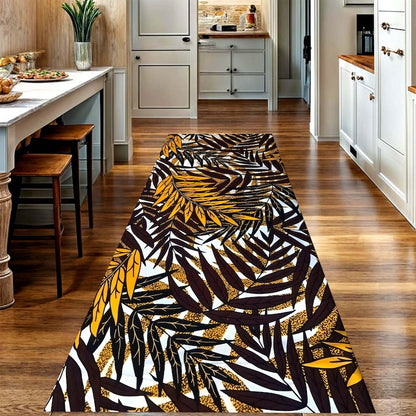 Golden Tropical Foliage Runner Rug: Dark Botanical Hallway Carpet, Non-Slip Machine-Washable