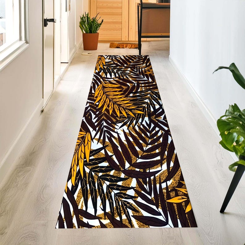 Golden Tropical Foliage Runner Rug: Dark Botanical Hallway Carpet, Non-Slip Machine-Washable
