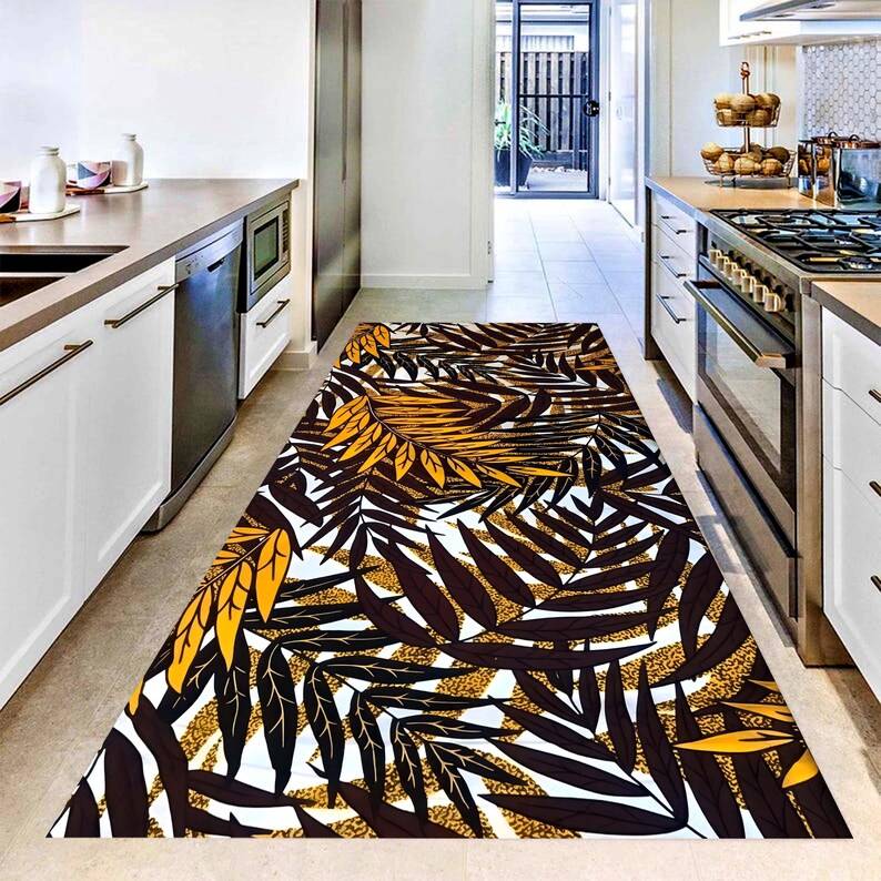 Golden Tropical Foliage Runner Rug: Dark Botanical Hallway Carpet, Non-Slip Machine-Washable