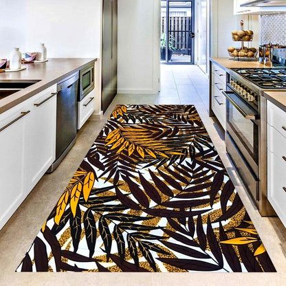 Golden Tropical Foliage Runner Rug: Dark Botanical Hallway Carpet, Non-Slip Machine-Washable