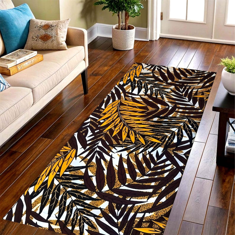 Golden Tropical Foliage Runner Rug: Dark Botanical Hallway Carpet, Non-Slip Machine-Washable