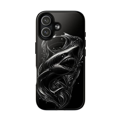 Black Shark iPhone Case MagSafe Tough Case, Dark Ocean Shark Phone Case, Edgy Marine Design iPhone 17 16 15 14 Case, Mens Phone Case
