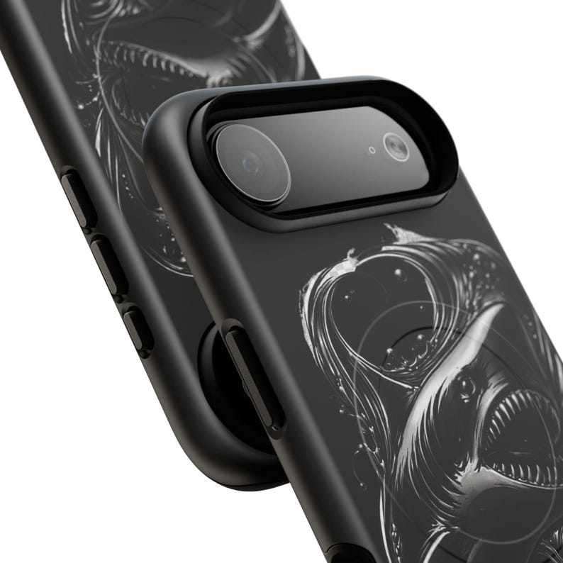 Black Shark iPhone Case MagSafe Tough Case, Dark Ocean Shark Phone Case, Edgy Marine Design iPhone 17 16 15 14 Case, Mens Phone Case