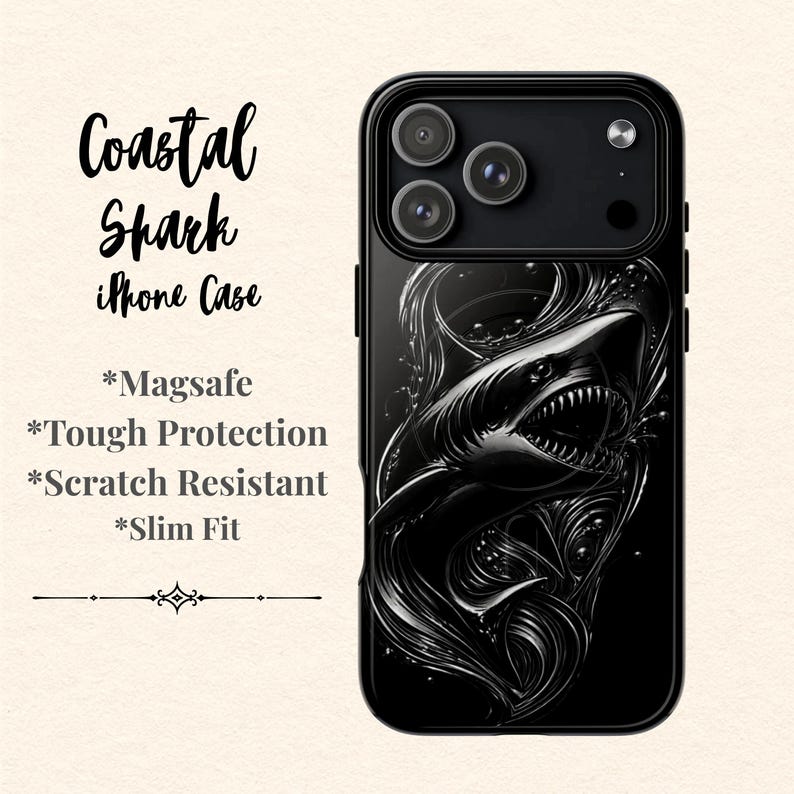 Black Shark iPhone Case MagSafe Tough Case, Dark Ocean Shark Phone Case, Edgy Marine Design iPhone 17 16 15 14 Case, Mens Phone Case