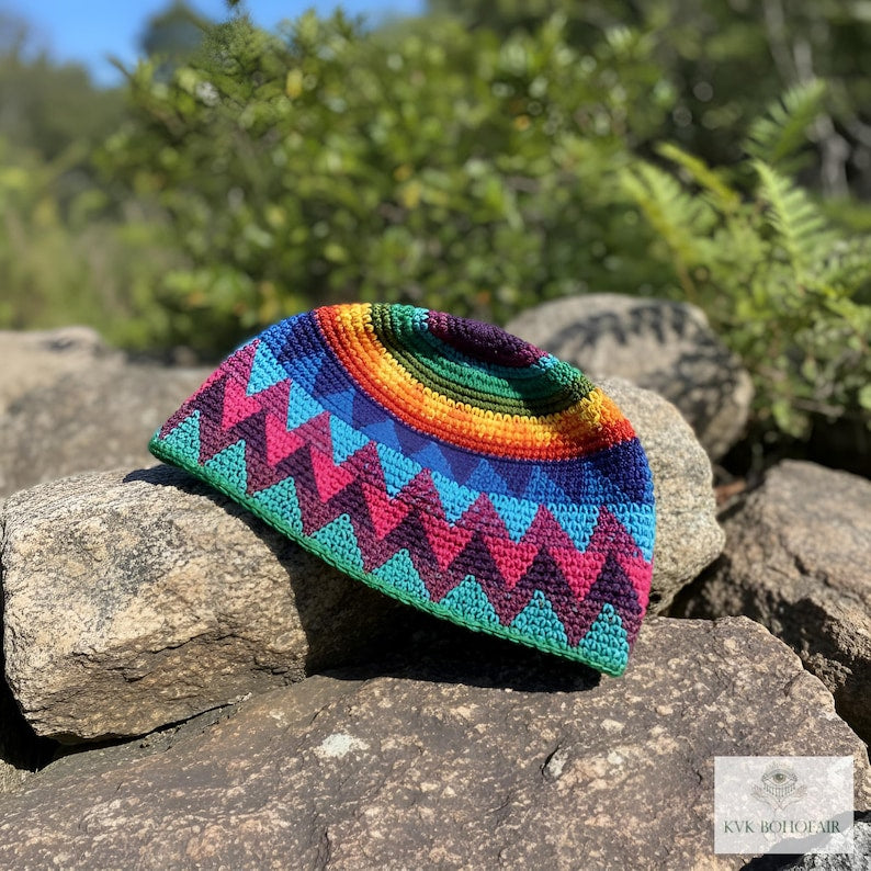 Rainbow Kufi Skull Cap - Crocheted Beanie Hat, Ethically sourced