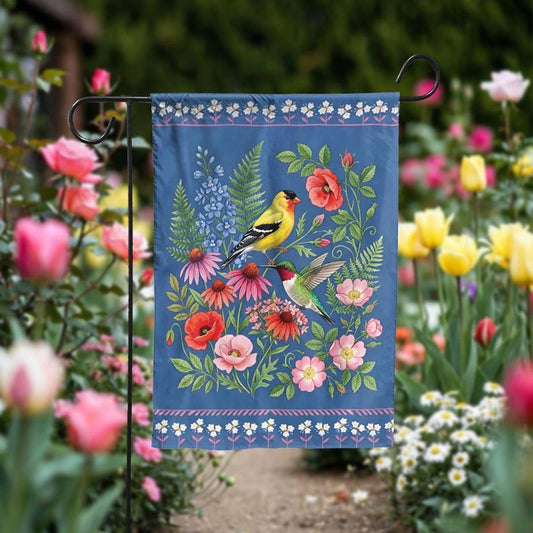 Hummingbird Goldfinch Floral Garden Flag, Cottagecore Spring Yard Decor