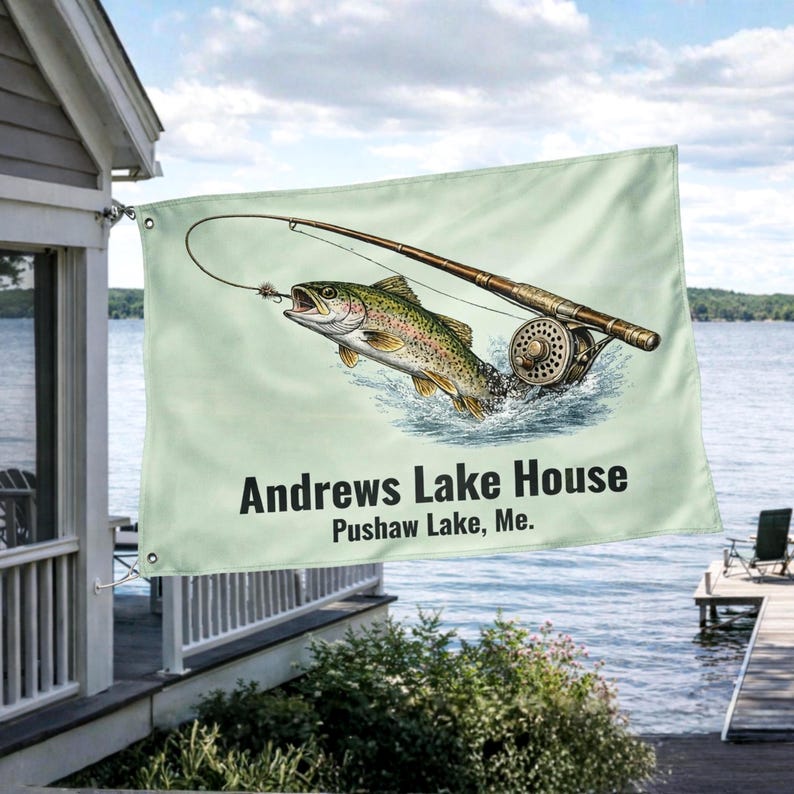 Personalized Trout Fishing Lake House Flag Custom Cabin Flag Fly Fishing Decor Fisherman Gift Personalized Outdoor Flag