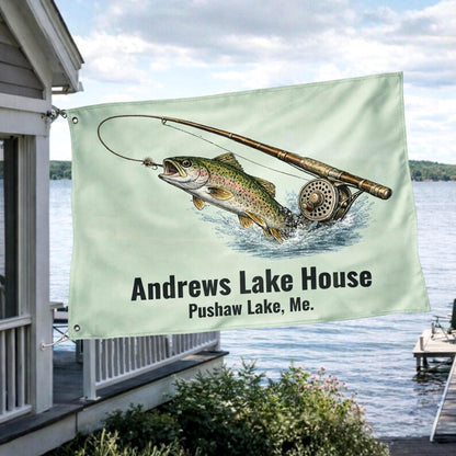 Personalized Trout Fishing Lake House Flag Custom Cabin Flag Fly Fishing Decor Fisherman Gift Personalized Outdoor Flag