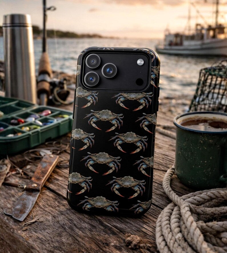 Crab Phone Case, Blue Crab Pattern Case, Coastal Fishing Phone Case, Ocean Phone Case, Fisherman Gift, iPhone Samsung Pixel Tough Case