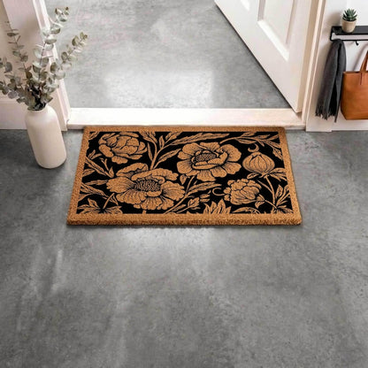 Black Floral Coir Doormat, Vintage Botanical Welcome Mat, Natural Entryway Rug