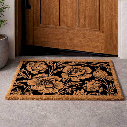Black Floral Coir Doormat, Vintage Botanical Welcome Mat, Natural Entryway Rug