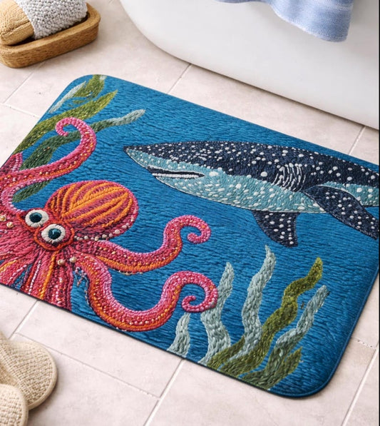 Coastal Bath Mat Close Up Ocean Bathroom Decor Octopus Whale Shark Microfiber Rug Detail Non Slip Beach House Bath