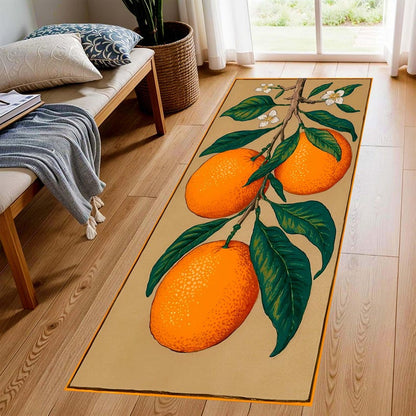 Vintage Citrus Orange Runner Rug: Botanical Area Carpet, Non-Slip Machine-Washable