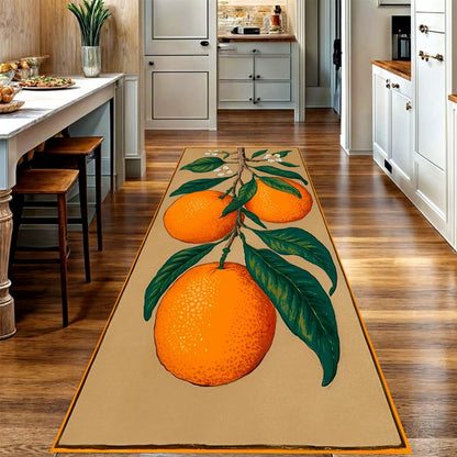 Vintage Citrus Orange Runner Rug: Botanical Area Carpet, Non-Slip Machine-Washable