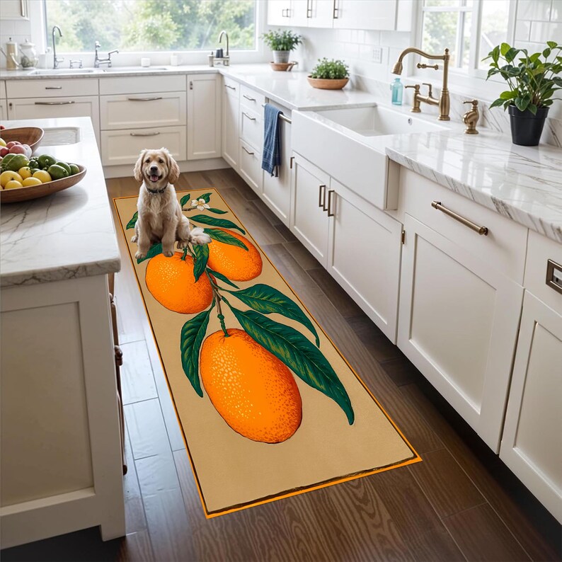 Vintage Citrus Orange Runner Rug: Botanical Area Carpet, Non-Slip Machine-Washable