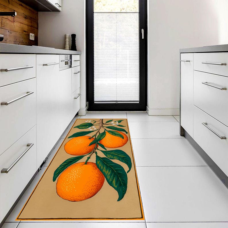 Vintage Citrus Orange Runner Rug: Botanical Area Carpet, Non-Slip Machine-Washable