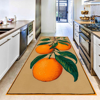 Vintage Citrus Orange Runner Rug: Botanical Area Carpet, Non-Slip Machine-Washable