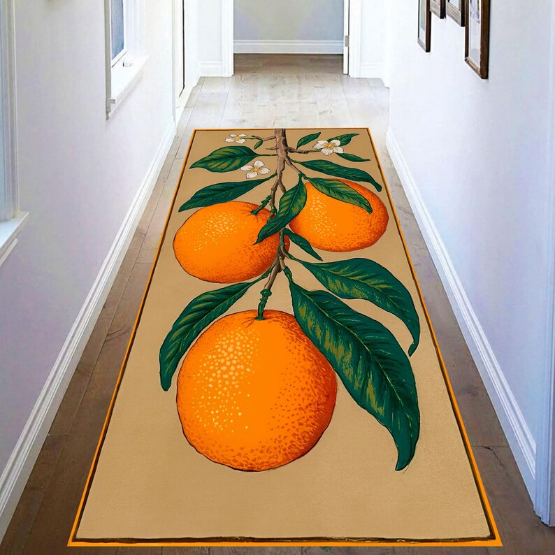 Vintage Citrus Orange Runner Rug: Botanical Area Carpet, Non-Slip Machine-Washable