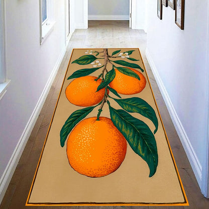 Vintage Citrus Orange Runner Rug: Botanical Area Carpet, Non-Slip Machine-Washable