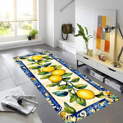 Lemon Branch Kitchen Runner Rug: Mediterranean Citrus Floor Carpet, Non-Slip Machine-Washable