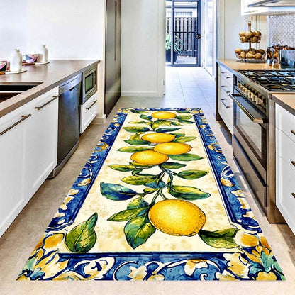 Lemon Branch Kitchen Runner Rug: Mediterranean Citrus Floor Carpet, Non-Slip Machine-Washable