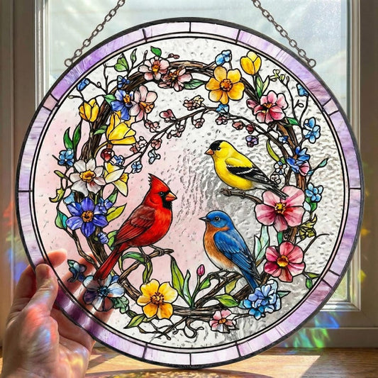 Spring Birds Floral Glass Suncatcher, Colorful Wildflower Window Hanging, Cardinal Bluebird Goldfinch Decor, Handmade Sun Catcher Gift