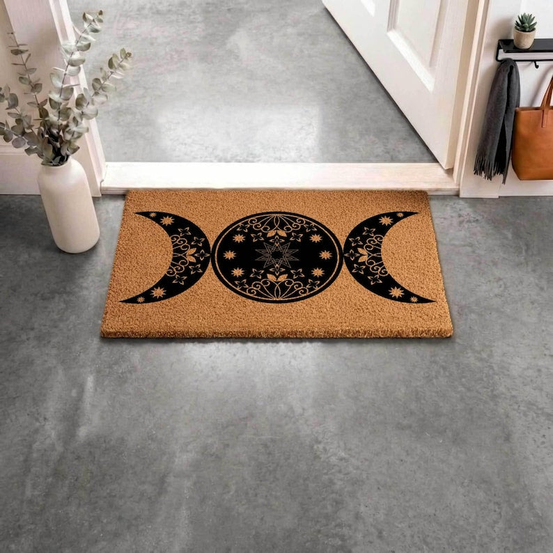 Triple Moon Doormat, Celestial Boho Wiccan Decor, Natural Coir Welcome Mat