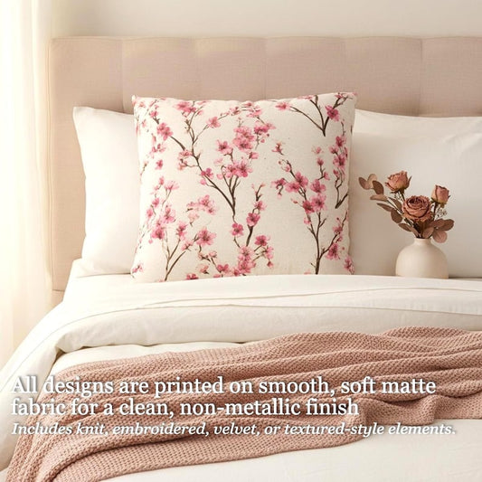 Cherry Blossom Pillow Cover– Pink Floral Throw Pillowcase, Cottagecore Spring Decor, Romantic Accent Cushion for Bedroom, Living Room Gifts