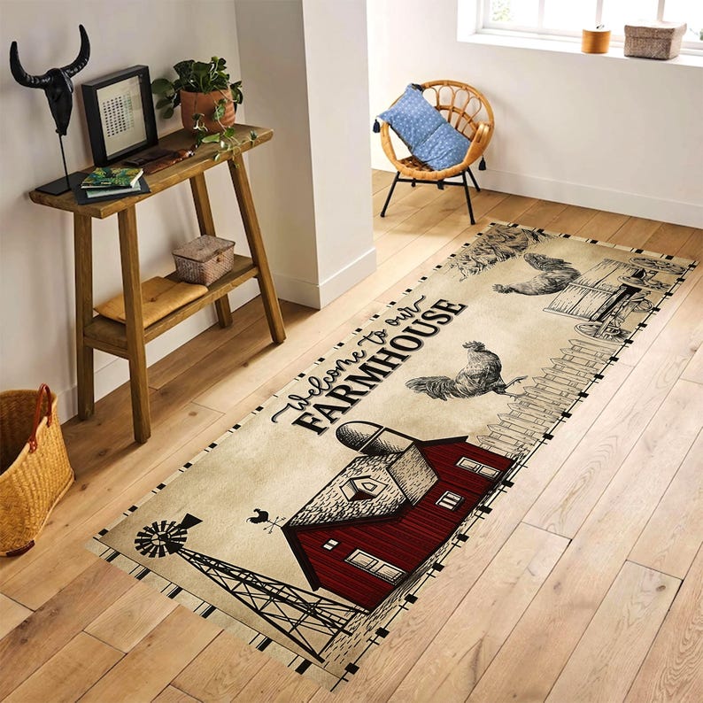 Welcome Farmhouse Kitchen Runner Rug: Rustic Rooster Barn Carpet, Machine-Washable Non-Slip