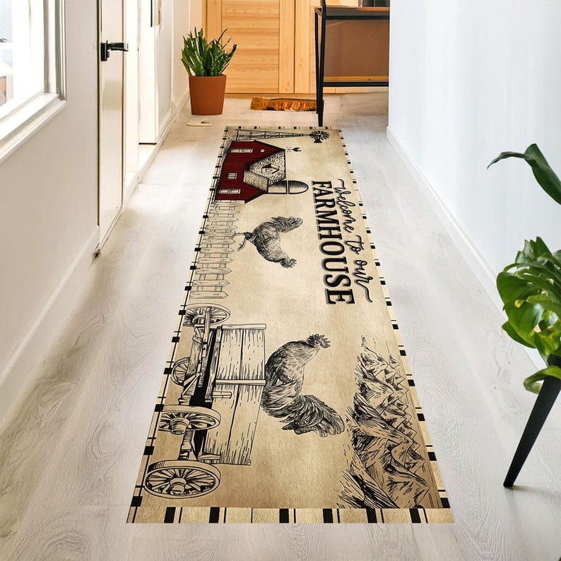 Welcome Farmhouse Kitchen Runner Rug: Rustic Rooster Barn Carpet, Machine-Washable Non-Slip