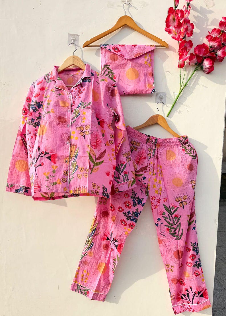 Pink Floral Cotton Pajama Set Women, Soft Breathable Sleepwear, Button Down Night Suit, Summer PJs Set, Cute Lounge Wear Gift for Her