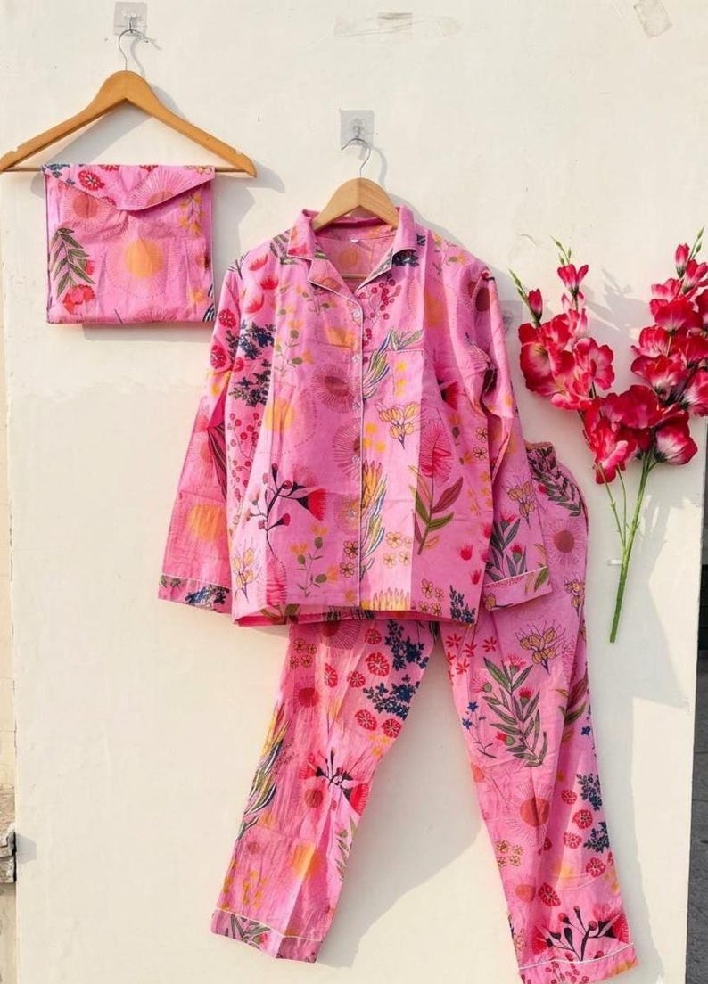 Pink Floral Cotton Pajama Set Women, Soft Breathable Sleepwear, Button Down Night Suit, Summer PJs Set, Cute Lounge Wear Gift for Her