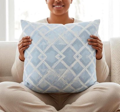 Coastal Trellis Pillow Cover, Blue Hamptons Style Cushion, Soft Neutral Lattice Throw Pillowcase Relaxed Beach Style House Decor Accent Gift