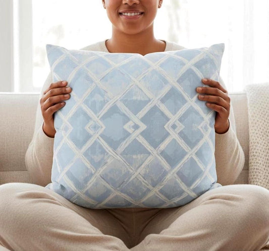 Coastal Trellis Pillow Cover, Blue Hamptons Style Cushion, Soft Neutral Lattice Throw Pillowcase Relaxed Beach Style House Decor Accent Gift